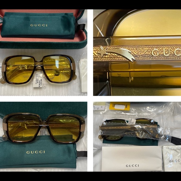 UNISEX GUCCI SQUARE HAVANA AND GOLD FALLING STAR ACCENTED FRAME SUNGLASSES - Picture 5 of 16